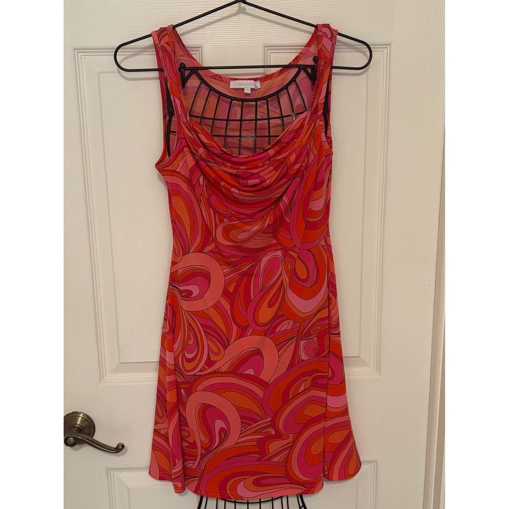 Olivaceous Women's Medium Pink Orange Retro Swirl Cowl Neck Mini Dress